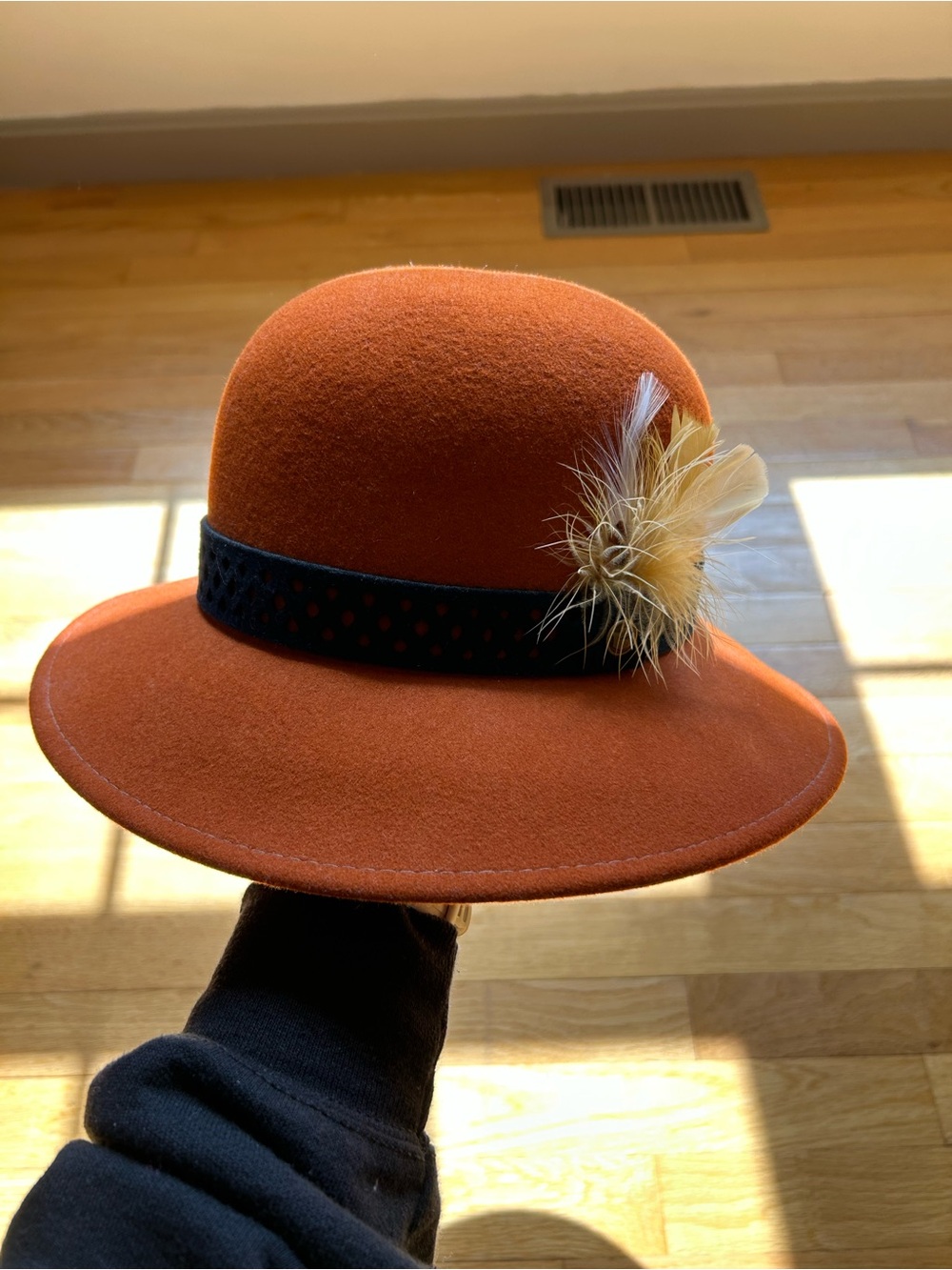 Goorin Bros Orange Felt Cloche Hat with Black Band and Feather